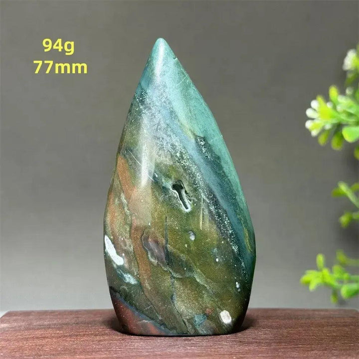 Ocean Jasper Crystal Freeform Orbicular Stone Polished. Green, cream, rust, and brown orbicular patterns with druzy pockets.
