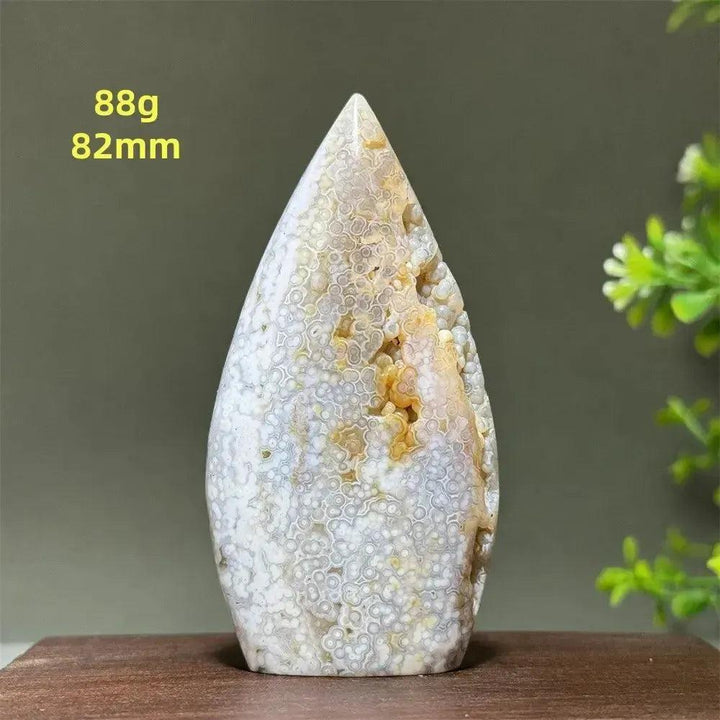 Ocean Jasper Crystal Freeform Orbicular Stone, polished, with green, cream, rust patterns and druzy pockets.