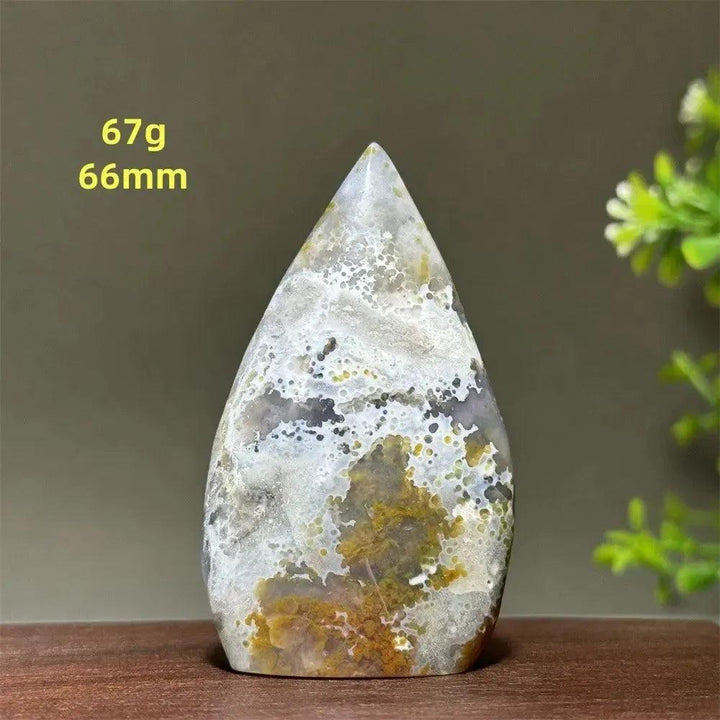 Polished Ocean Jasper Crystal Freeform Orbicular Stone, 67g, 66mm, with green, cream, and rust patterns.