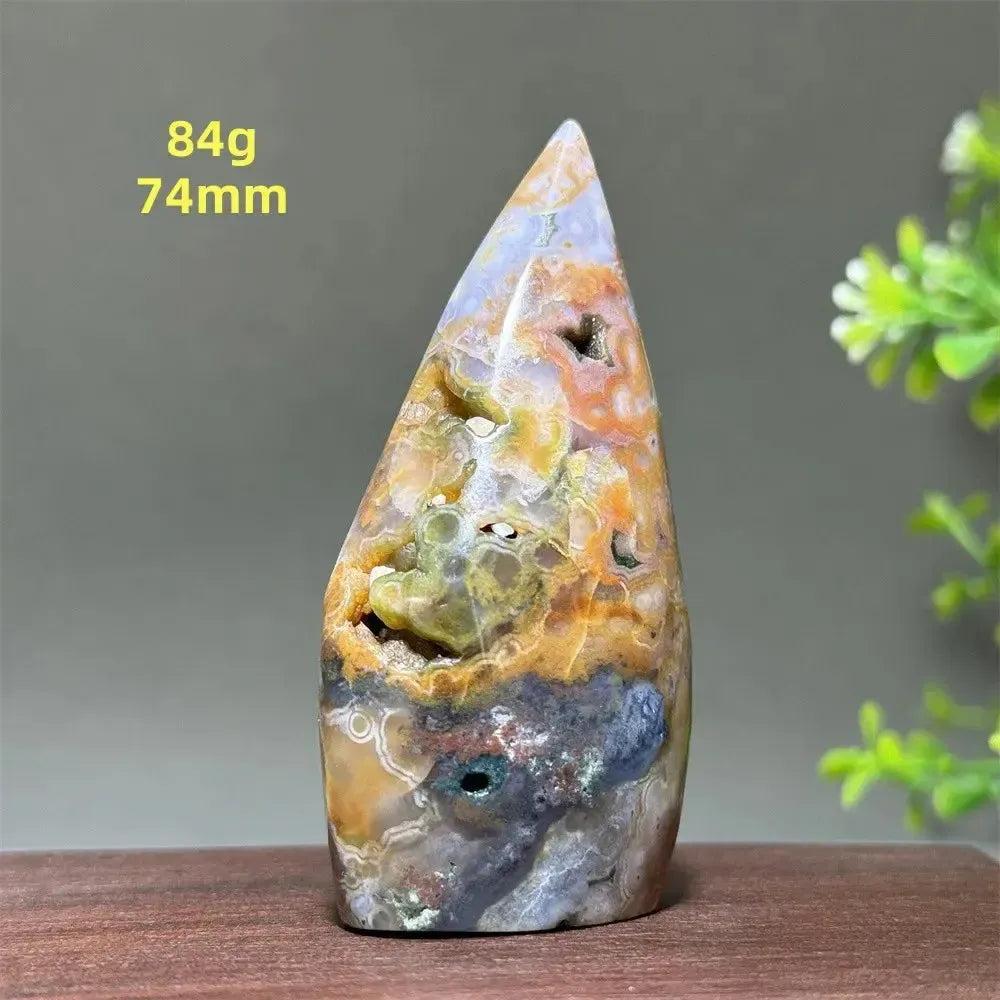 Ocean Jasper Crystal Freeform Orbicular Stone Polished, 84g, 74mm. Green, cream, rust, and earth tones with druzy pockets.