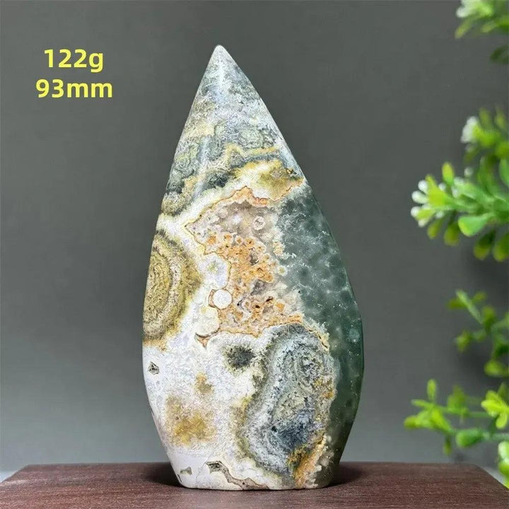 Ocean Jasper Crystal Freeform Orbicular Stone, polished, with green, cream, and rust patterns, 122g, 93mm.