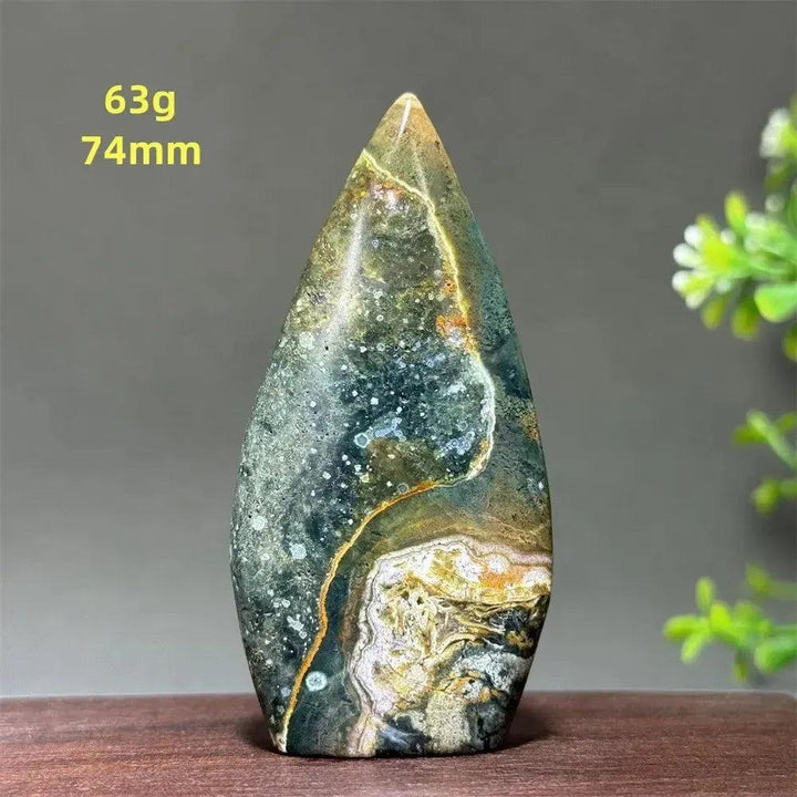 Polished Ocean Jasper freeform orbicular stone, 63g, 74mm, with green, cream, and rust patterns for joy and balance.