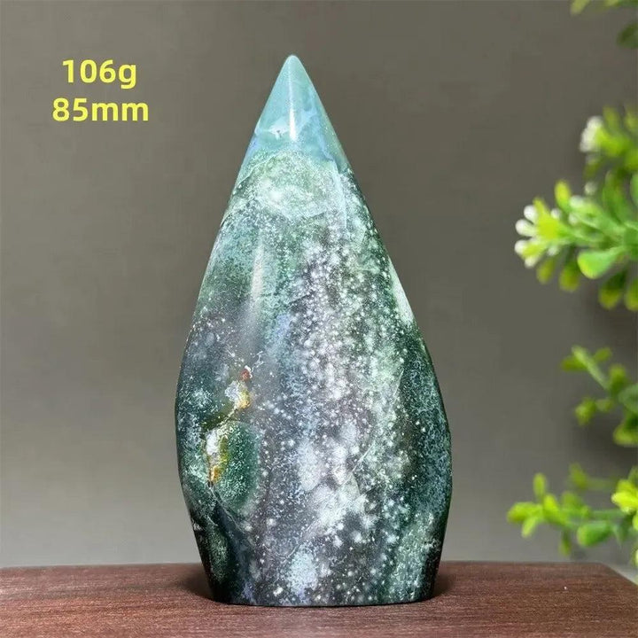 Ocean Jasper Crystal Freeform Orbicular Stone Polished: Green, cream, and rust orbicular patterns with druzy pockets.