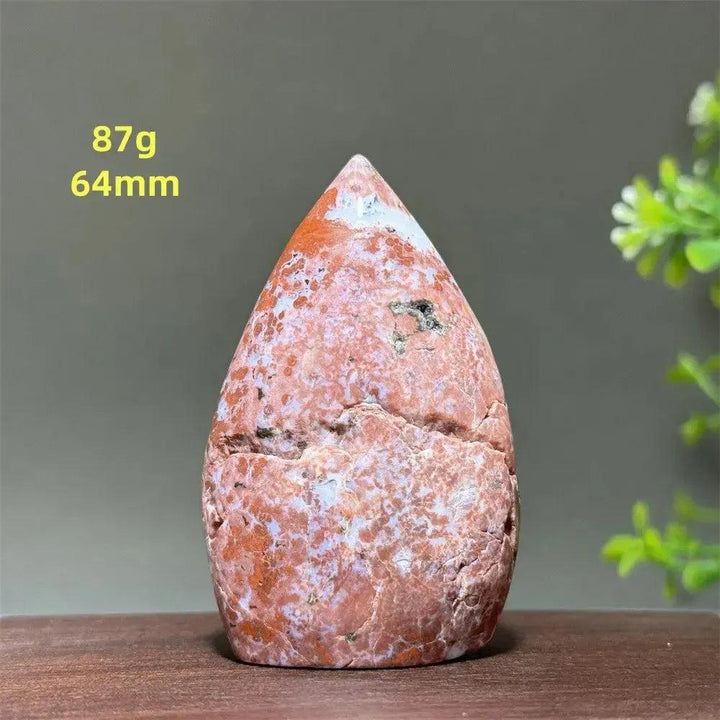 Ocean Jasper Crystal Freeform Orbicular Stone Polished, 87g, 64mm. Red, white, and brown orbicular patterns.