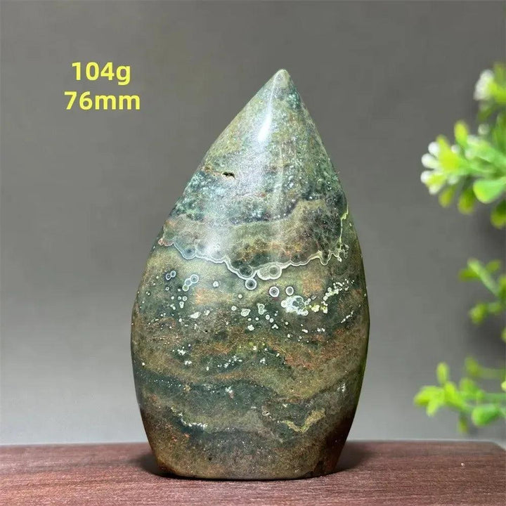 Ocean Jasper Crystal Freeform Orbicular Stone, polished, 104g, 76mm, with green, cream, rust tones and druzy pockets.