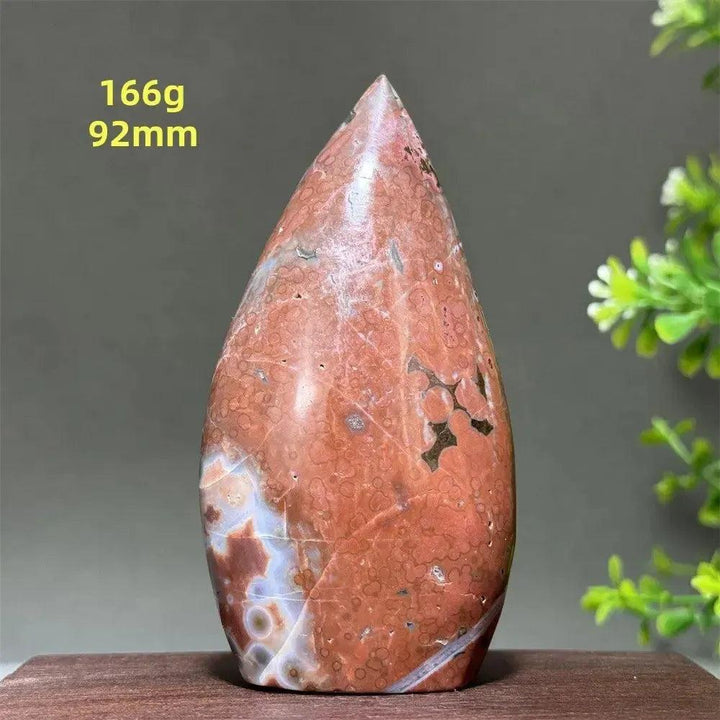 Ocean Jasper Crystal Freeform Orbicular Stone Polished, 166g, 92mm. Red, cream, and brown orbicular patterns.