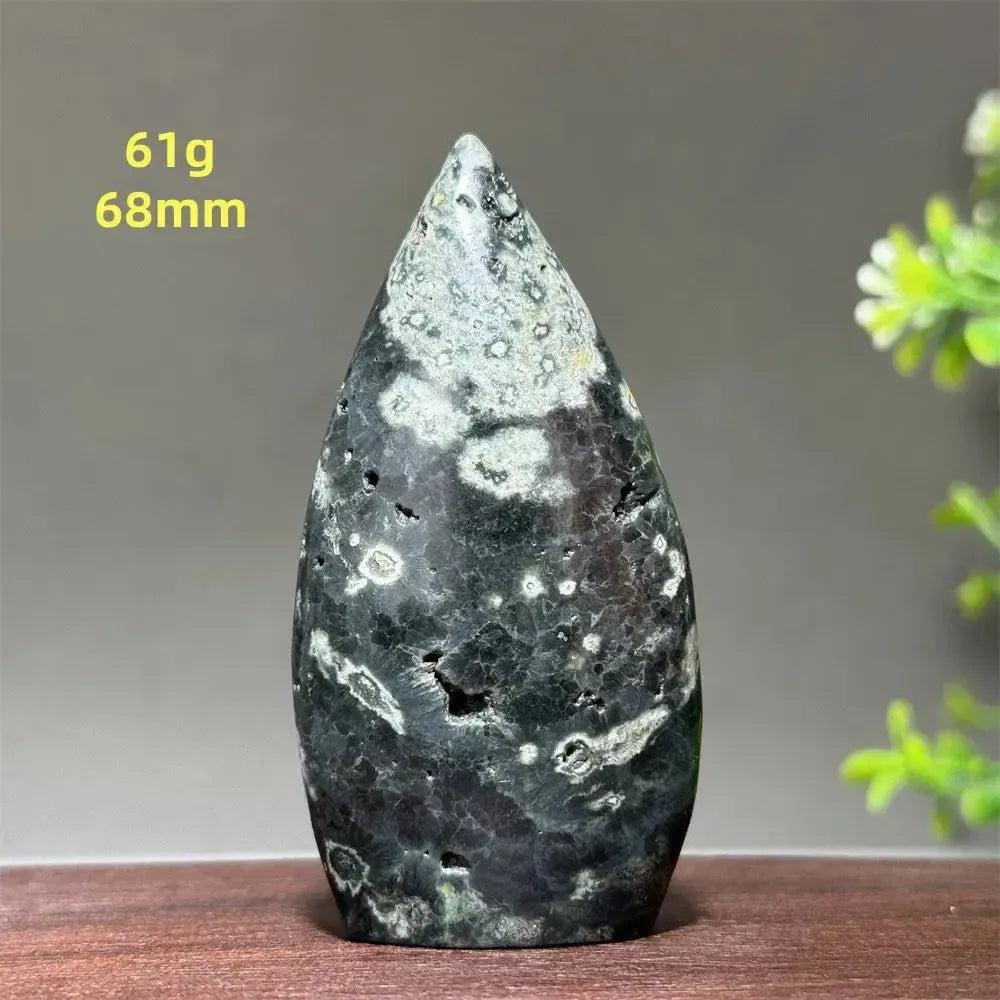 Ocean Jasper Crystal Freeform Orbicular Stone, polished, with green, cream, and rust patterns, druzy pockets.