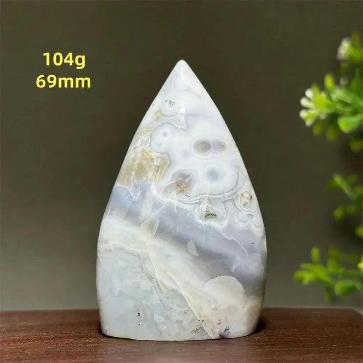 Ocean Jasper Crystal Freeform Orbicular Stone Polished, 104g, 69mm. Soft greens, creams, rusts, and orbicular patterns.
