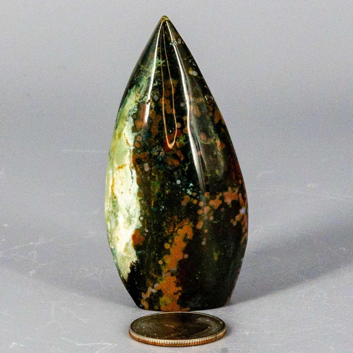 Small 78g Ocean Jasper Torch Freeform, a tall, tapered crystal with swirling orbs and multicolor patterning.