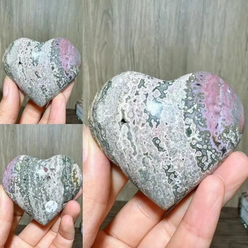 Ocean Jasper Crystal Heart from Crystal Destiny, featuring pink, green, and white orb patterns for self-love.