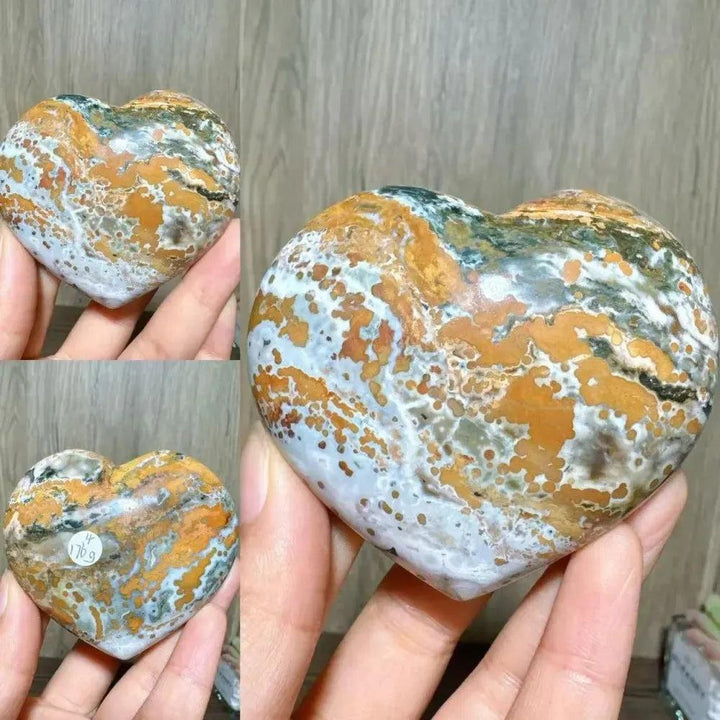 Ocean Jasper crystal heart from Crystal Destiny, featuring swirling greens, peachy pinks, and golden yellows.