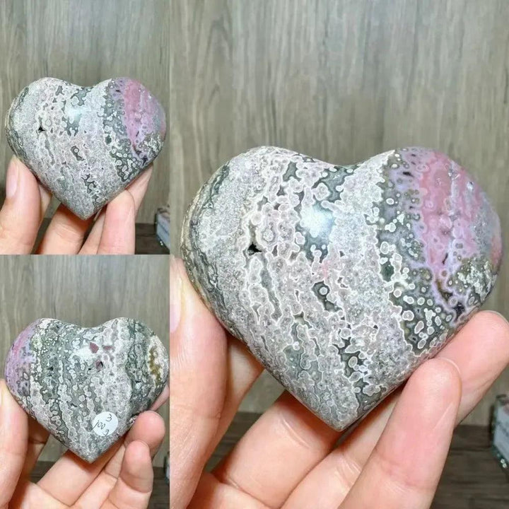 Ocean Jasper Crystal Heart from Crystal Destiny, featuring pink, green, and white orb patterns, promoting self-love.