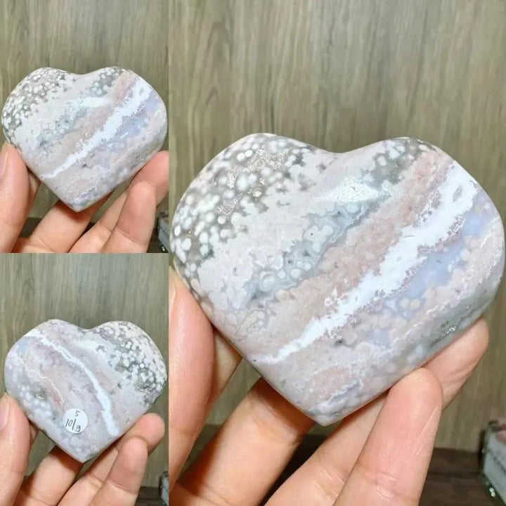 Ocean Jasper crystal heart from Crystal Destiny, featuring soft greens, peachy pinks, and creamy whites.