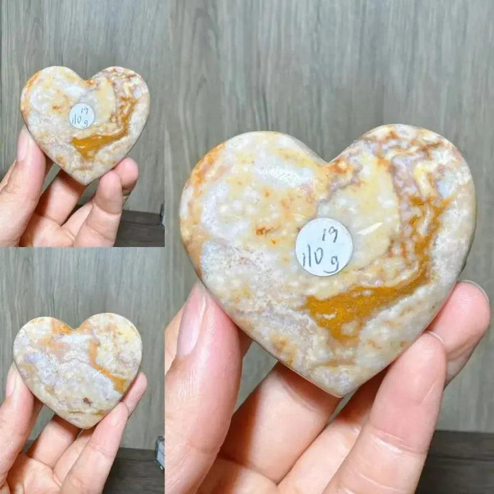 Ocean Jasper Crystal Heart from Crystal Destiny, featuring creamy whites, golden yellows, and earthy browns.