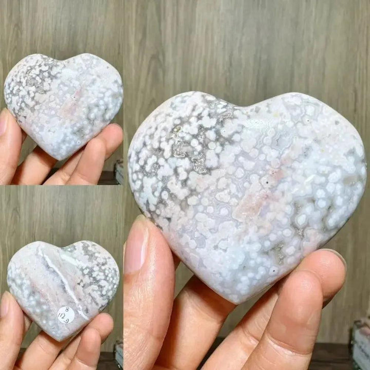 Polished Ocean Jasper Crystal Heart from Crystal Destiny, featuring soft greens, peachy pinks, and creamy whites.