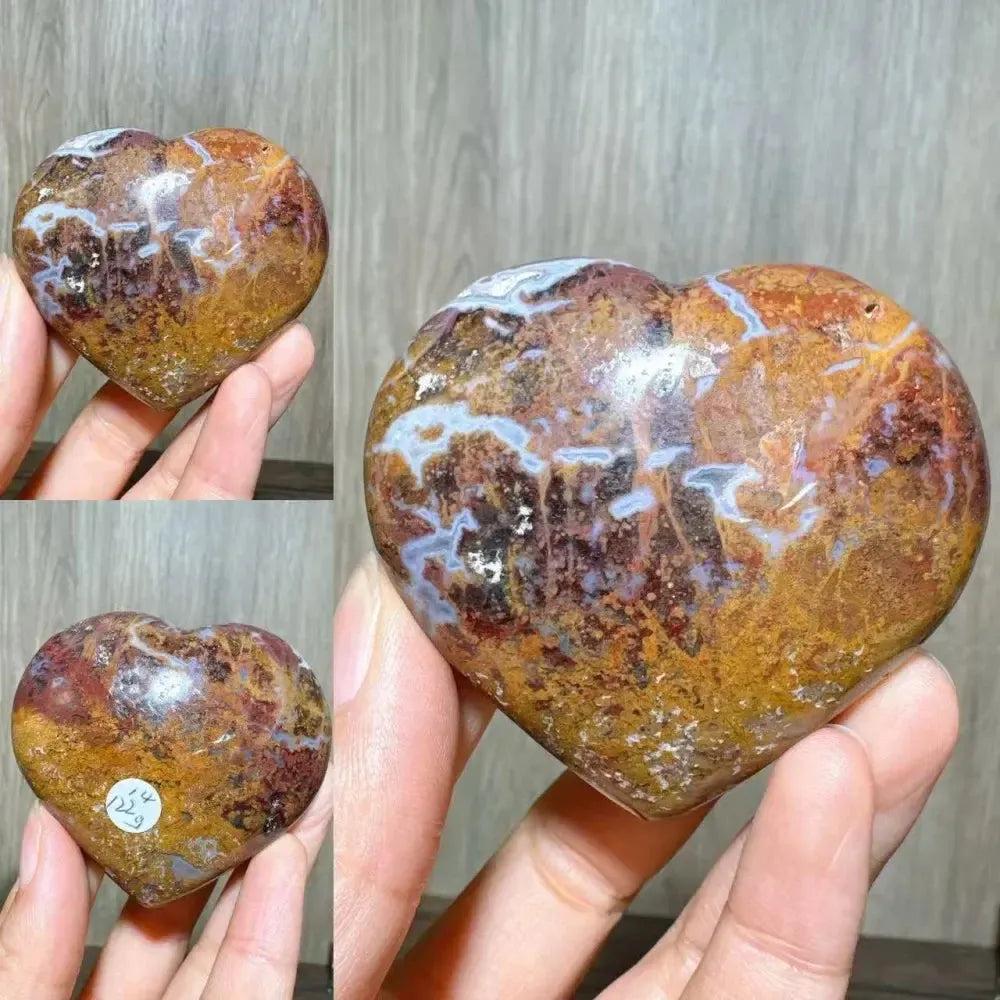 Ocean Jasper Crystal Heart from Crystal Destiny, showcasing unique earthy tones, white swirls, and orb patterns.