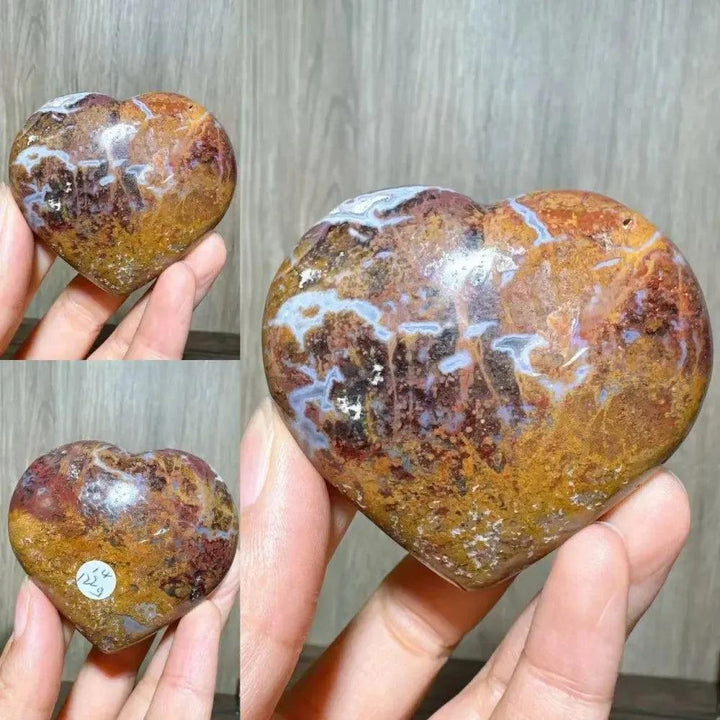Ocean Jasper Crystal Heart from Crystal Destiny, showcasing unique earthy tones, white swirls, and orb patterns.