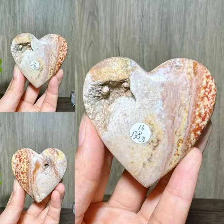 Ocean Jasper Crystal Heart from Crystal Destiny, featuring soft greens, peachy pinks, and creamy whites.