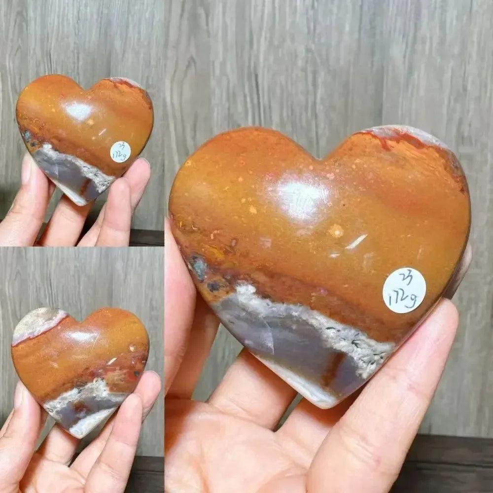 Polished Ocean Jasper Crystal Heart from Crystal Destiny, featuring warm orange, brown, and white swirls.