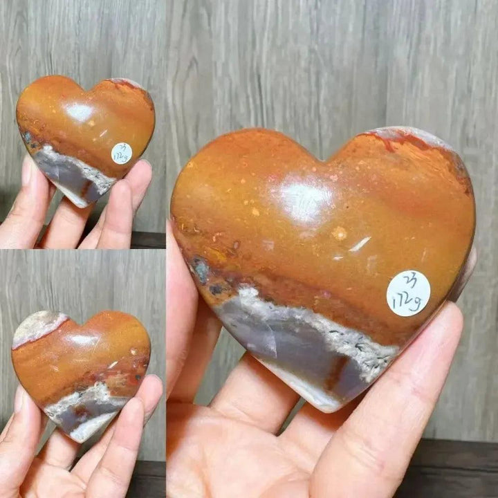 Polished Ocean Jasper Crystal Heart from Crystal Destiny, featuring warm orange, brown, and white swirls.