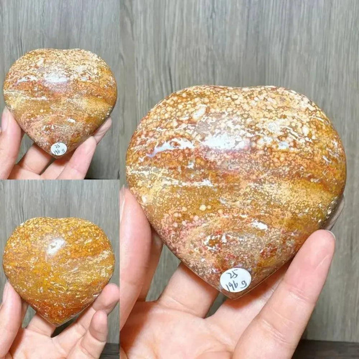 Ocean Jasper Crystal Heart from Crystal Destiny, showing earthy browns, peachy pinks, and creamy whites.
