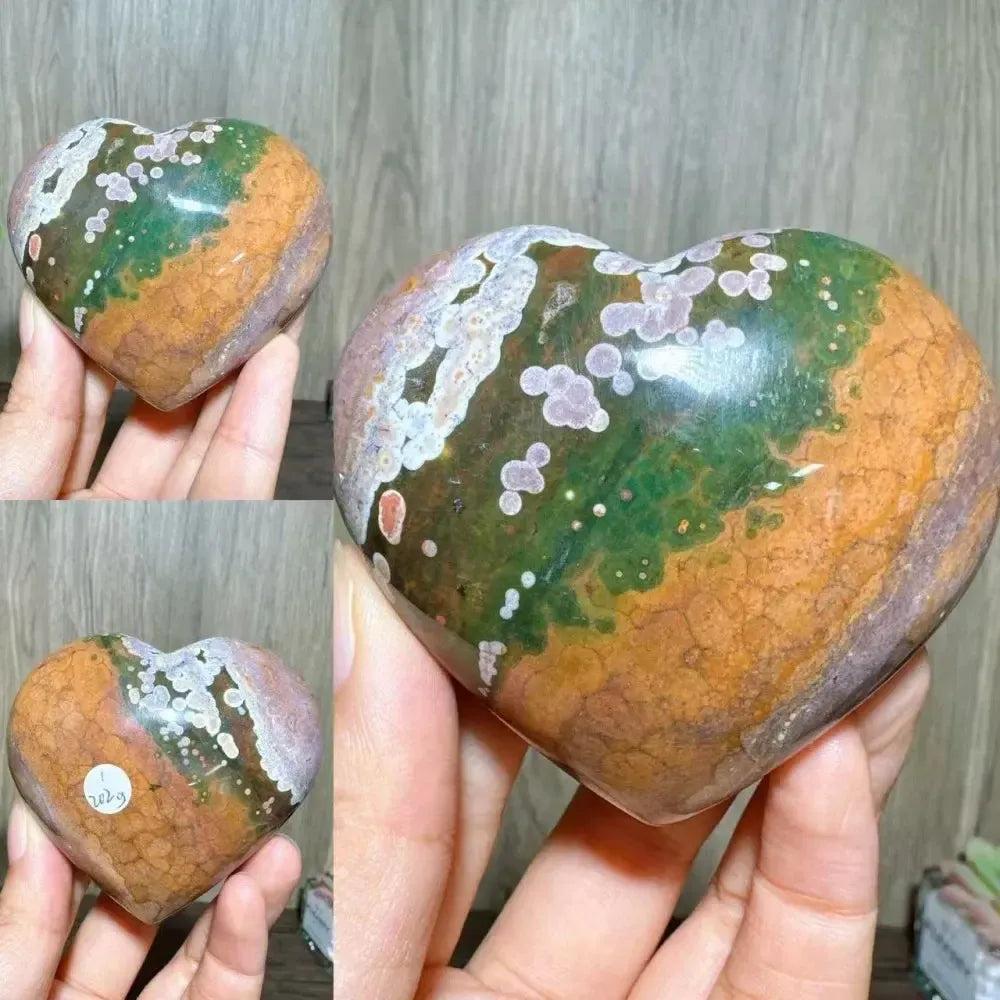Ocean Jasper Crystal Heart from Crystal Destiny, featuring green, brown, and white orb patterns.