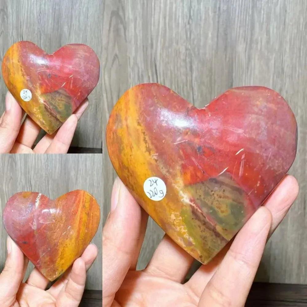 Polished Ocean Jasper heart from Crystal Destiny with vibrant red, yellow, and green swirls, promoting self-love.