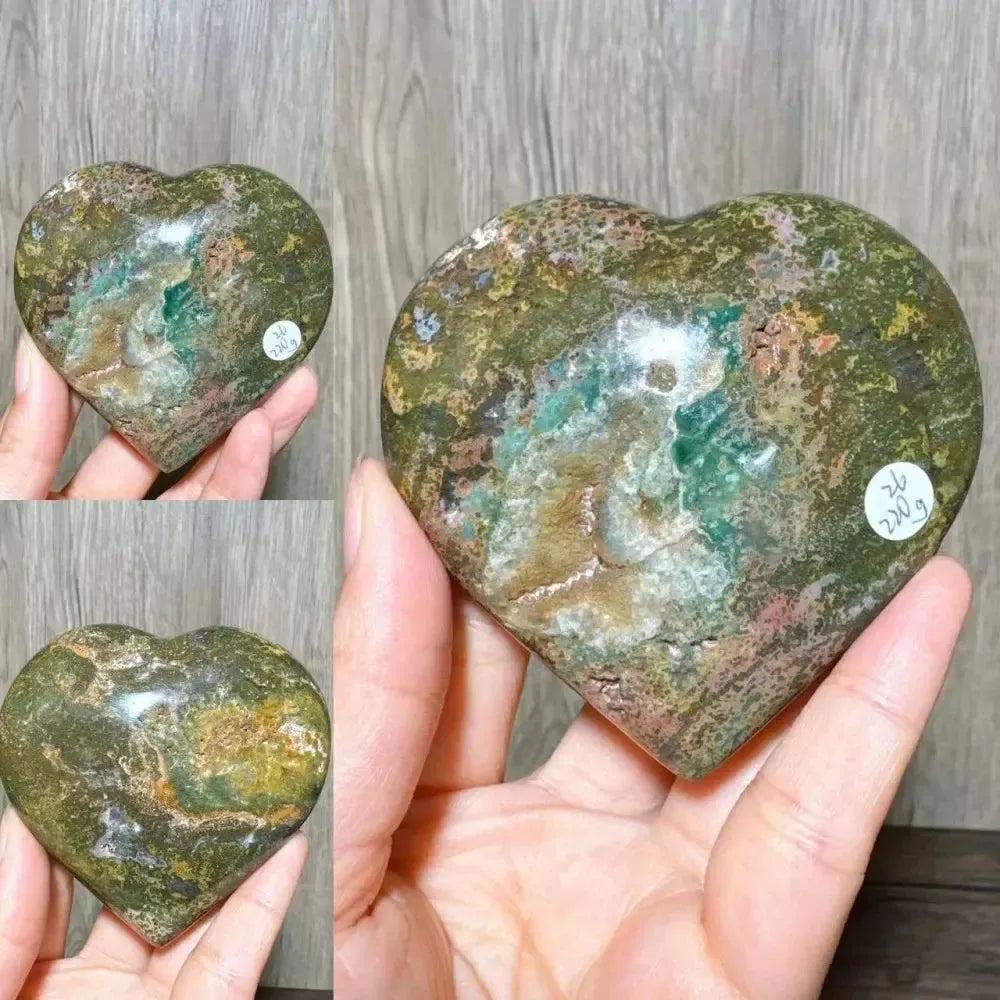 Ocean Jasper crystal heart from Crystal Destiny, featuring green, pink, and white swirls for self-love and healing.