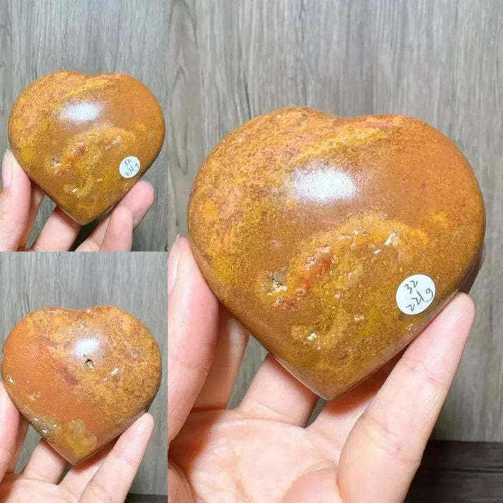 Polished Ocean Jasper Crystal Heart from Crystal Destiny, showcasing earthy browns, golden yellows, and peachy pinks.