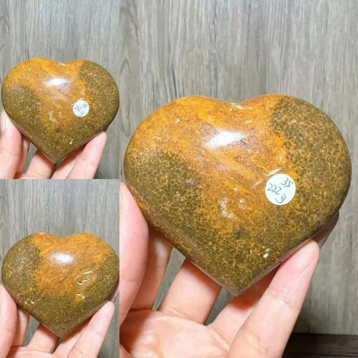 Polished Ocean Jasper heart from Crystal Destiny, featuring earthy browns, golden yellows, and unique orb patterns.
