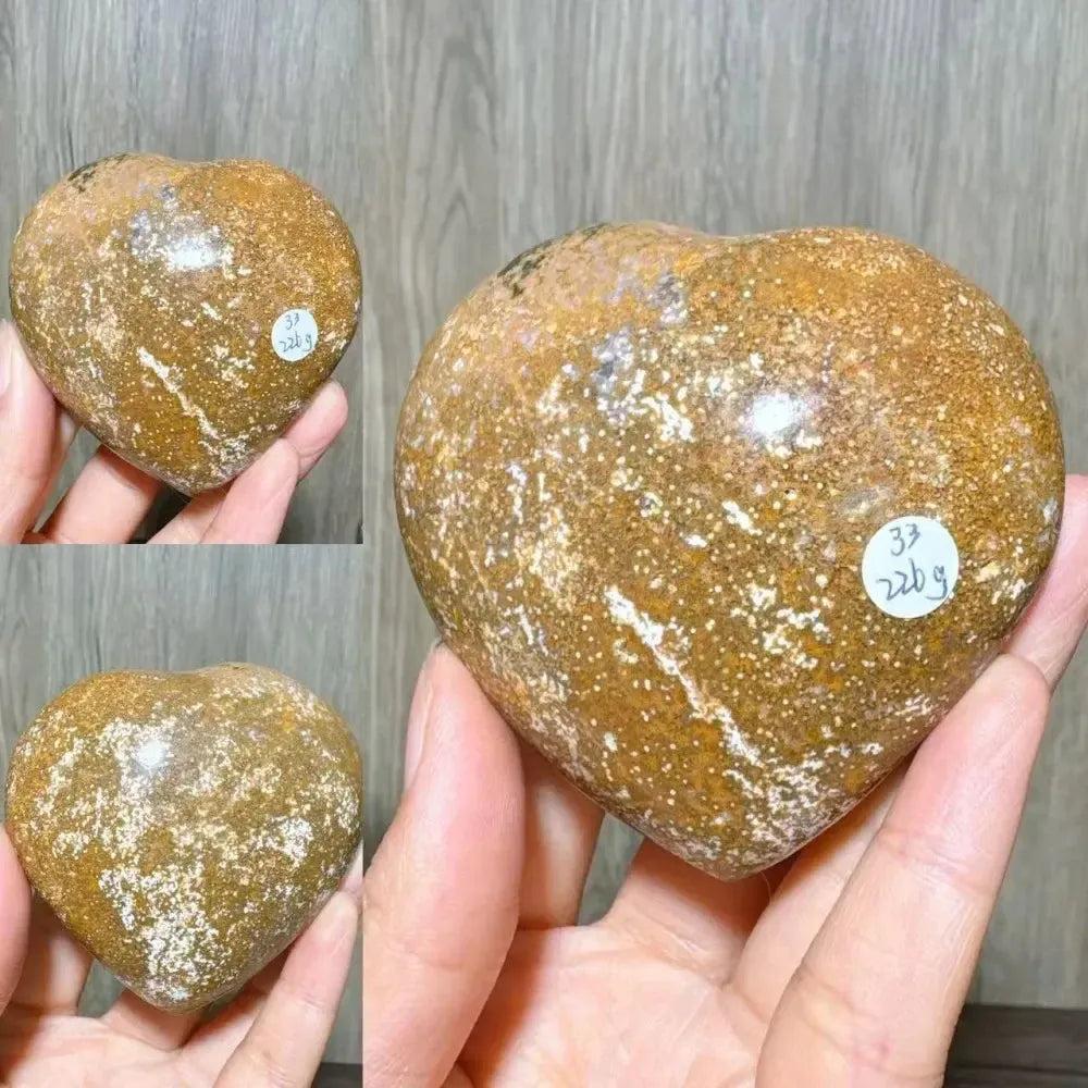 Ocean Jasper Crystal Heart from Crystal Destiny, a polished brown stone with white flecks, promoting self-love.