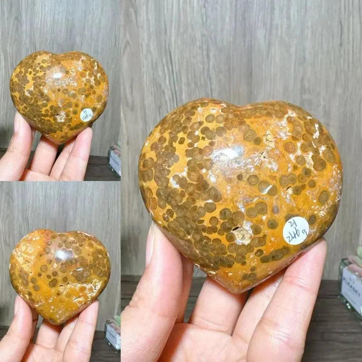 Ocean Jasper Crystal Heart from Crystal Destiny, featuring warm orange, brown, and yellow tones with distinctive orb patterns.