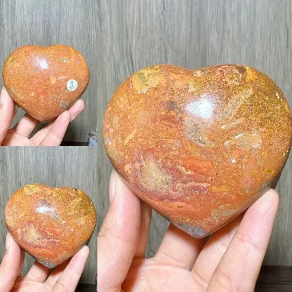 Polished Ocean Jasper Crystal Heart from Crystal Destiny, showcasing earthy browns, peachy pinks, and golden yellows.