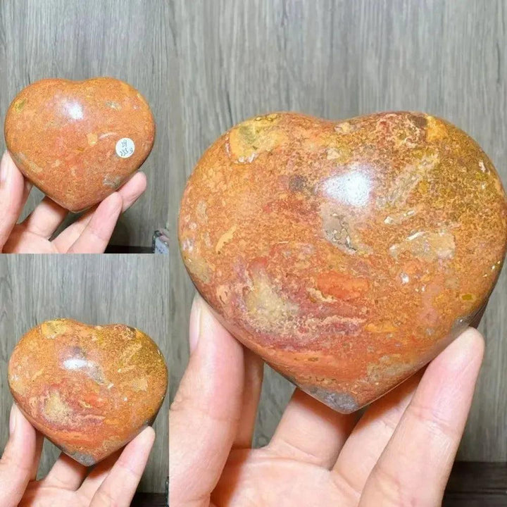 Polished Ocean Jasper Crystal Heart from Crystal Destiny, showcasing earthy browns, peachy pinks, and golden yellows.