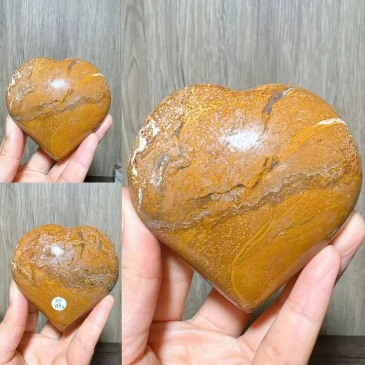 Ocean Jasper Crystal Heart from Crystal Destiny. Polished, earthy brown and golden yellow stone with unique patterns.