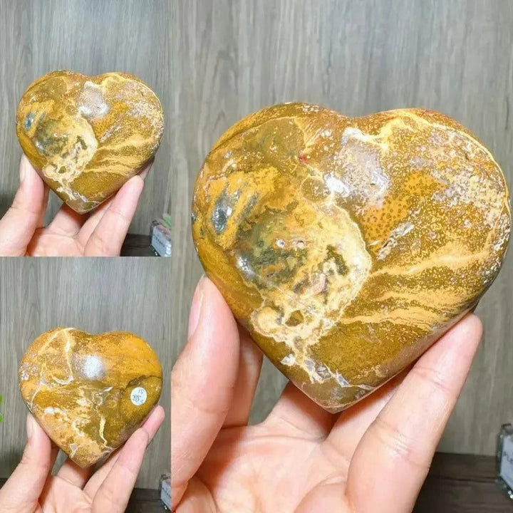 Ocean Jasper Crystal Heart from Crystal Destiny, showcasing earthy browns, golden yellows, and creamy whites.