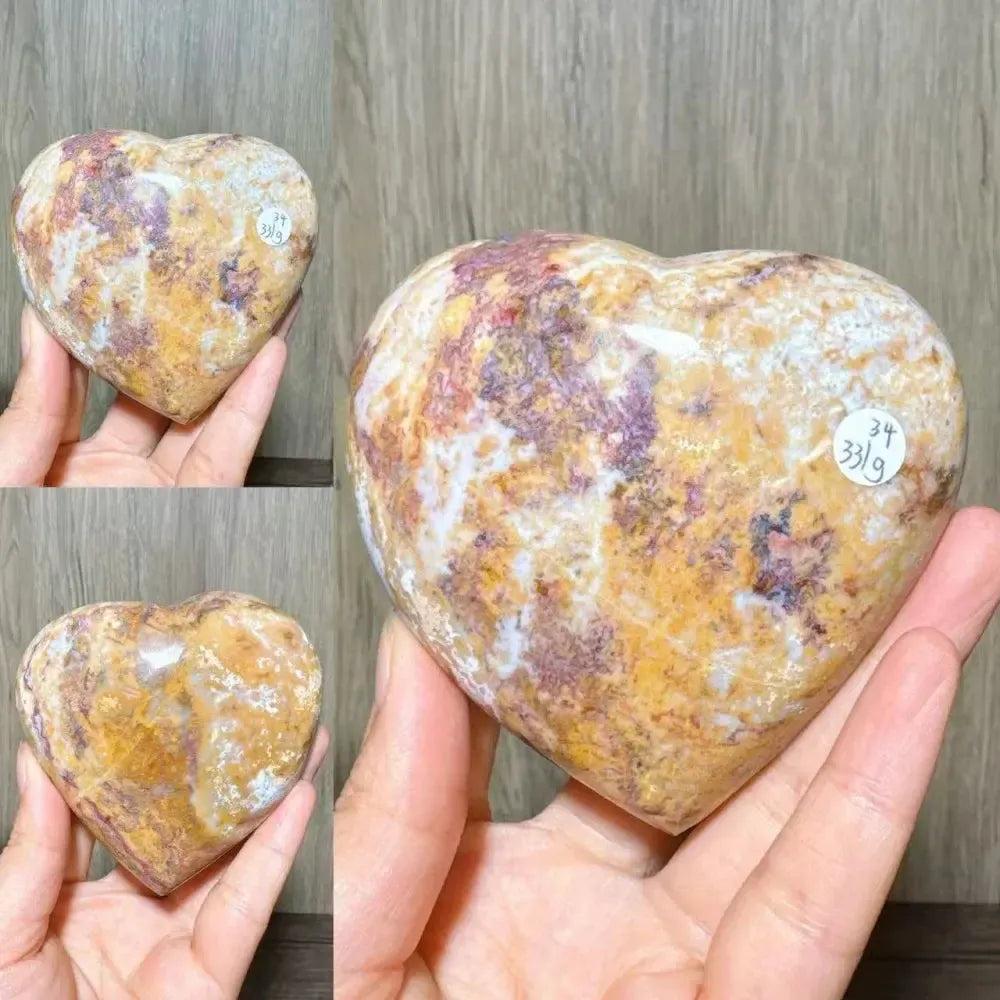 Polished Ocean Jasper crystal heart from Crystal Destiny, featuring soft greens, peachy pinks, and golden yellows.