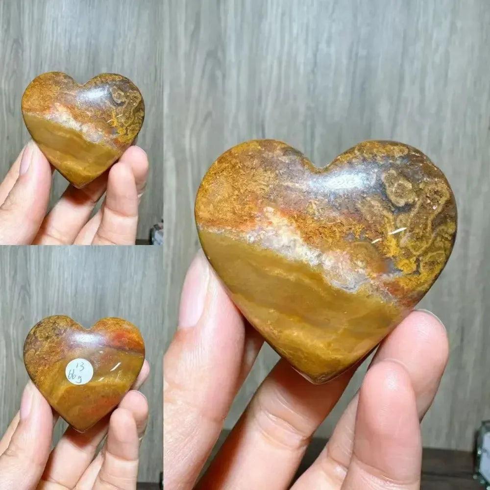 Ocean Jasper crystal heart from Crystal Destiny, featuring earthy browns, golden yellows, and creamy whites.
