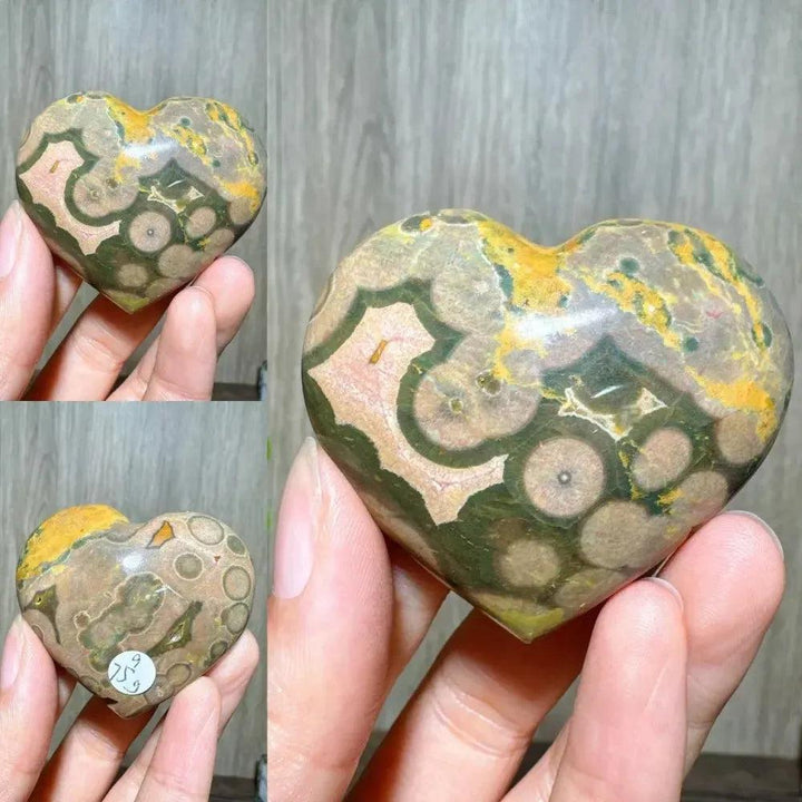 Ocean Jasper Crystal Heart from Crystal Destiny, featuring green, pink, yellow, and brown orb patterns.