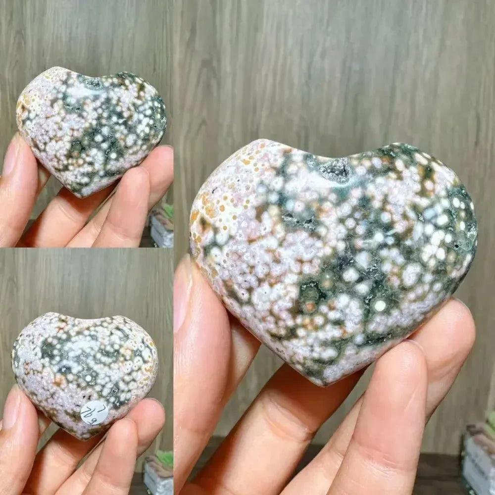 Ocean Jasper Crystal Heart from Crystal Destiny, featuring green, pink, and white orb patterns.