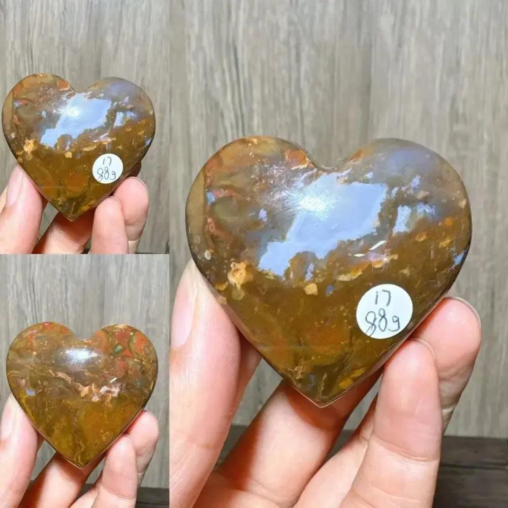 Polished Ocean Jasper crystal heart from Crystal Destiny, showcasing earthy browns, greens, and peachy pinks.