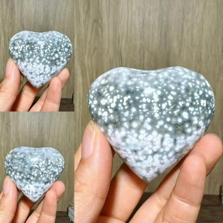 Ocean Jasper crystal heart from Crystal Destiny, featuring unique green, white, and gray orb patterns.