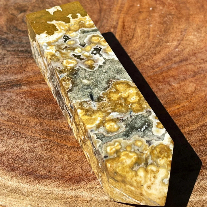 Ocean Jasper Crystal Obelisk Tower with rare yellow and green orbicular patterns for healing energy.