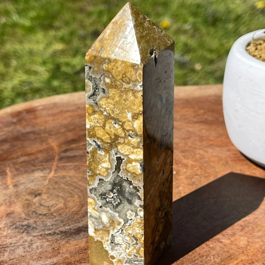 Ocean Jasper Crystal Obelisk Tower with rare yellow and grey orbicular patterns for healing and peace.
