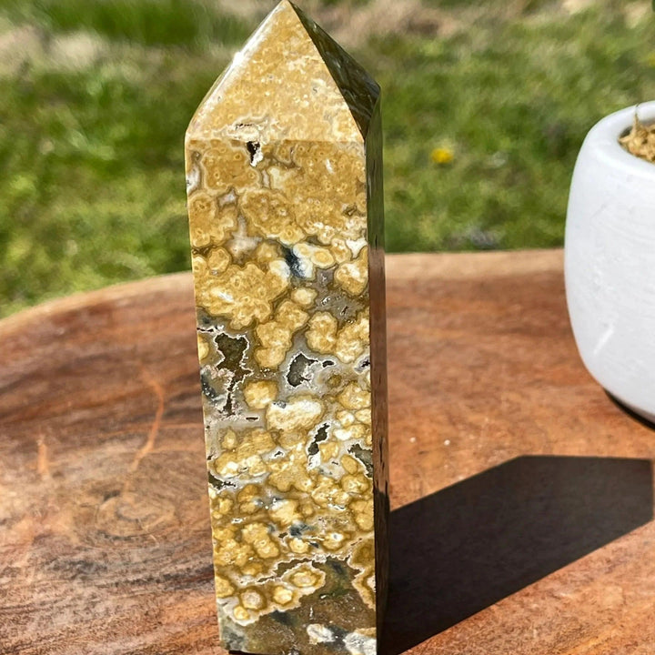 Ocean Jasper Crystal Obelisk Tower with rare yellow and green orbicular patterns for healing energy.