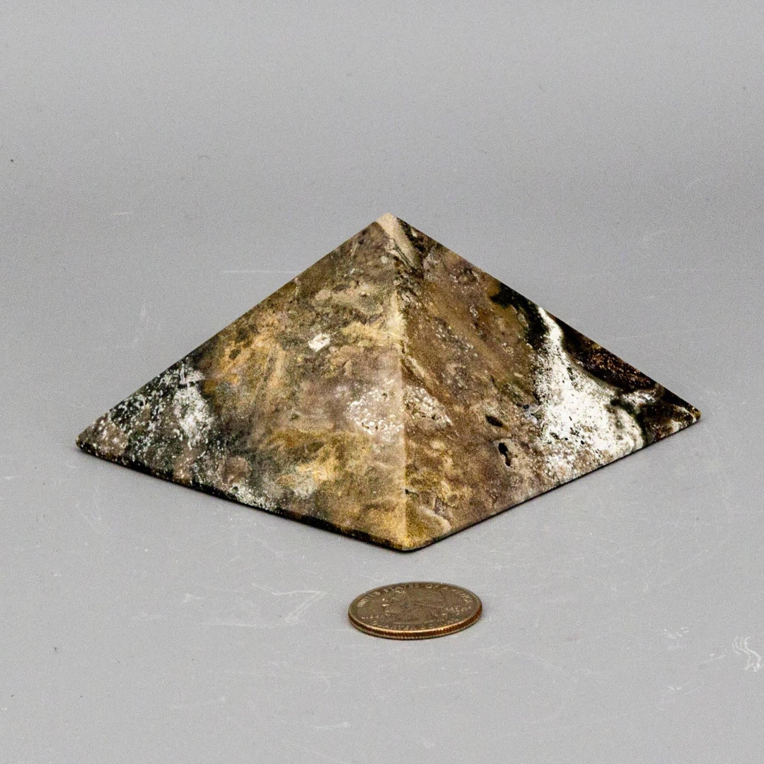 Ocean Jasper Pyramid, 3.5-inch, with unique orbicular swirls in green, cream, yellow, pink, red, and brown.