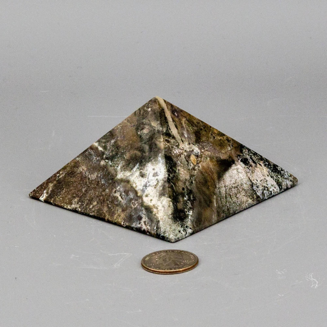 Ocean Jasper Pyramid, 3.5-inch, with unique orbicular swirls in green, cream, yellow, pink, red, and brown.
