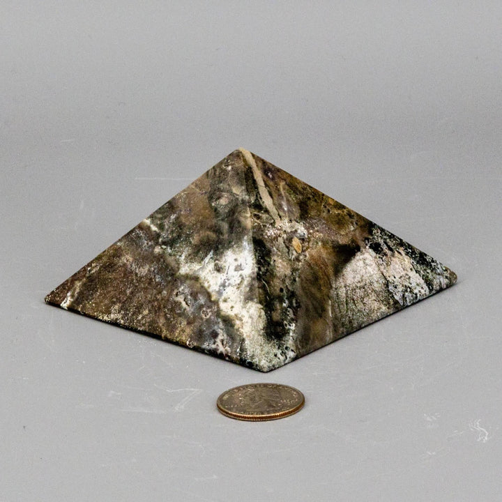 Ocean Jasper Pyramid, 3.5-inch, with unique orbicular swirls in green, cream, yellow, pink, red, and brown.