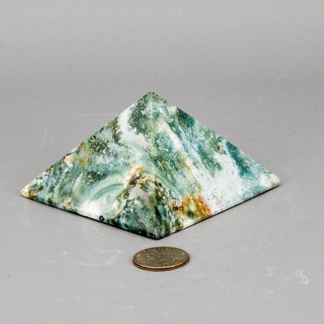 Polished Ocean Jasper Crystal Pyramid, 360g, with dense green, cream, and yellow orbicular swirls, promoting warm emotional energy.