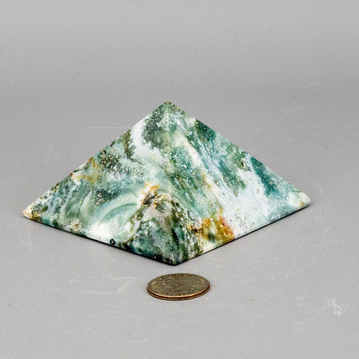 Polished Ocean Jasper Crystal Pyramid, 360g, with dense green, cream, and yellow orbicular swirls, promoting warm emotional energy.
